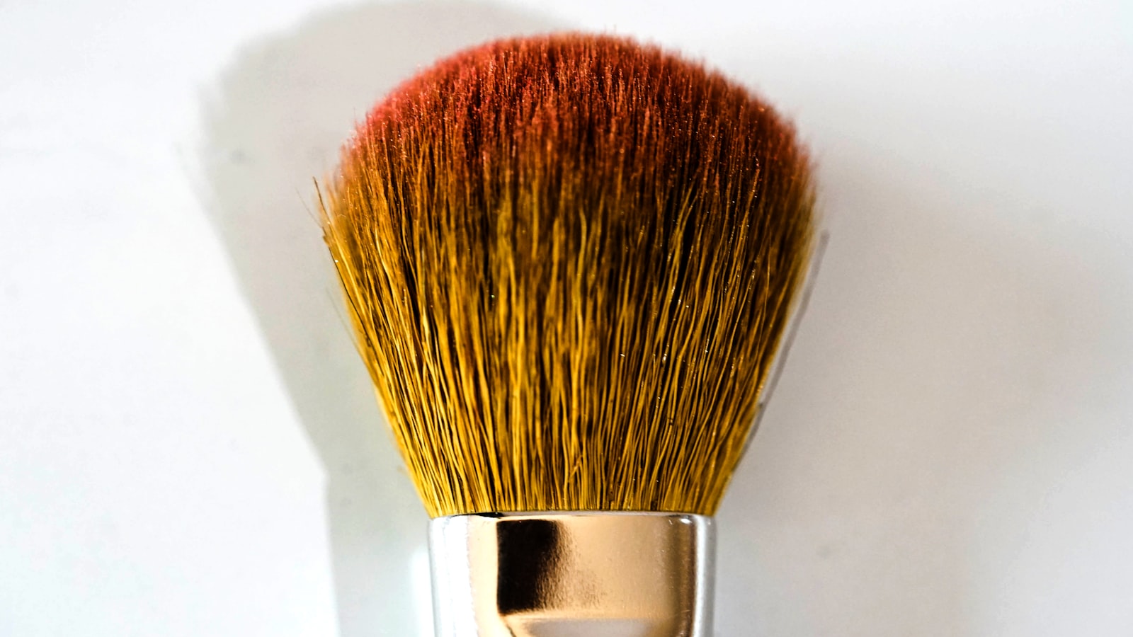 Close-up of a rounded makeup brush with orange bristles against a white background