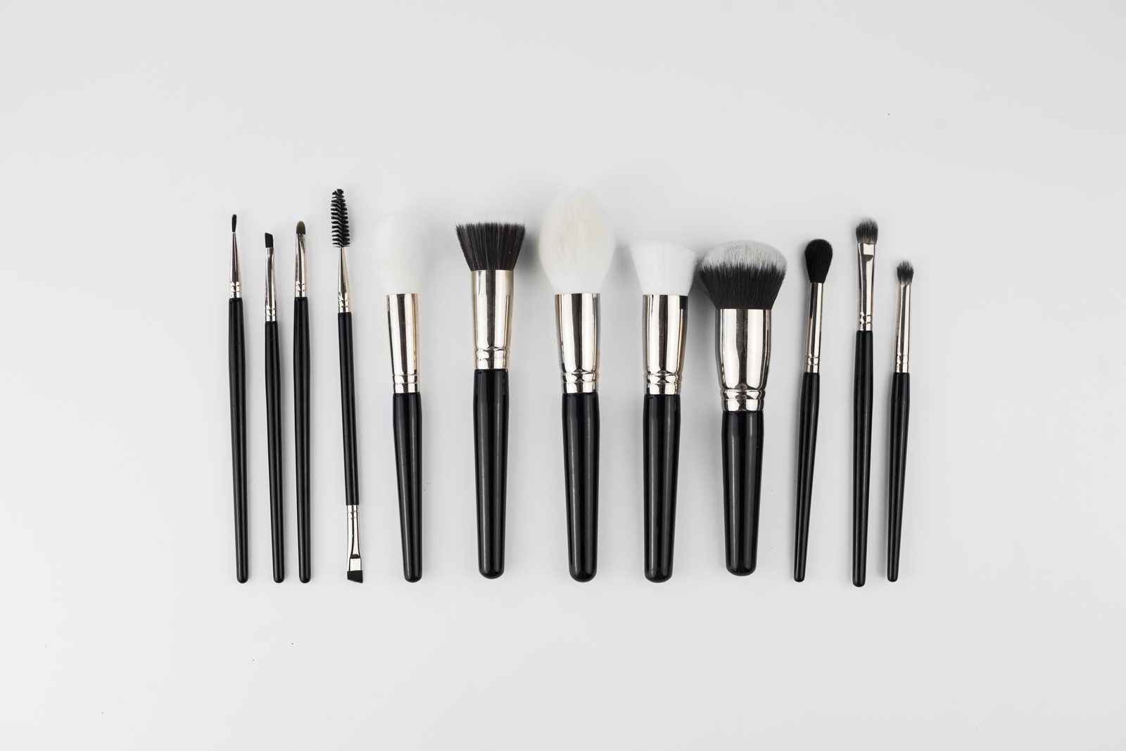 A collection of black-handled makeup brushes with silver ferrules are laid out on a white background