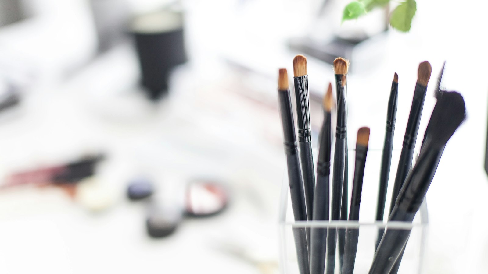 Several black-handled brushes stand upright in a clear container against a bright, out-of-focus background