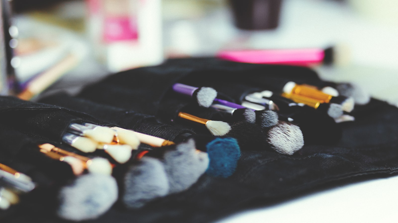 Makeup brushes with varied bristles rest inside a black cloth case
